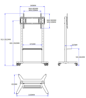 Verstelbare mobiele standaard voor interactief whiteboard 55/75/86 inch vergrendelbare wielen