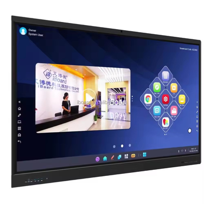 86-inch Google EDLA gecertificeerd interactief smart panel. Android 13 met ingebouwd Enjoy-systeem. OPS-slot. Optioneel camera en mobiele standaard.