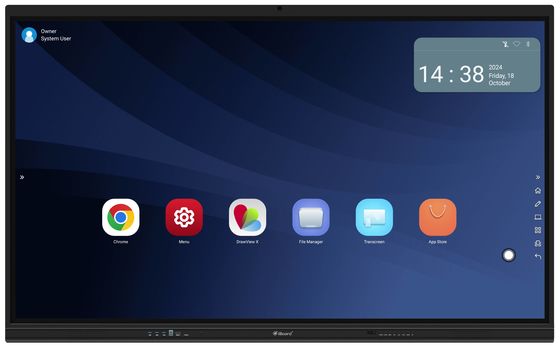 86-inch Google EDLA gecertificeerd interactief smart panel. Android 13 met ingebouwd Enjoy-systeem. OPS-slot. Optioneel camera en mobiele standaard.