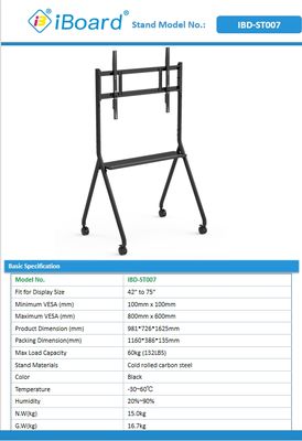 Nieuw aangekomen Interactief Whiteboard Statief Verrijdbaar 42 Tot 75 Inch TV Monitor Hefbaar Mobiel Statief Max. Draagvermogen 60 KG Krachtige Wielen Gemakkelijk Verplaatsbaar voor interactief whiteboard mobiel statief