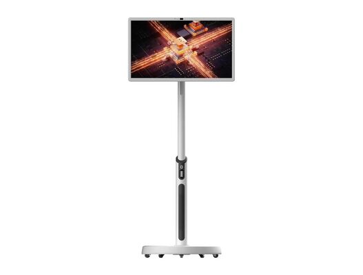 Fabriek verkoop 32 inch wit oplaadbare ktv restaurant tonen kamer podium touch android panelen tablet met beweegbare wielen een camera en luidsprekers